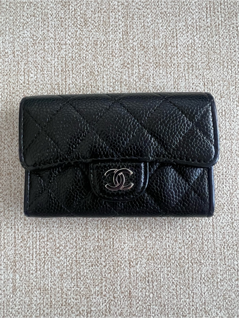 Authentic CHANEL Black Quilted Caviar Leather Small Flap Wallet with Silver CC